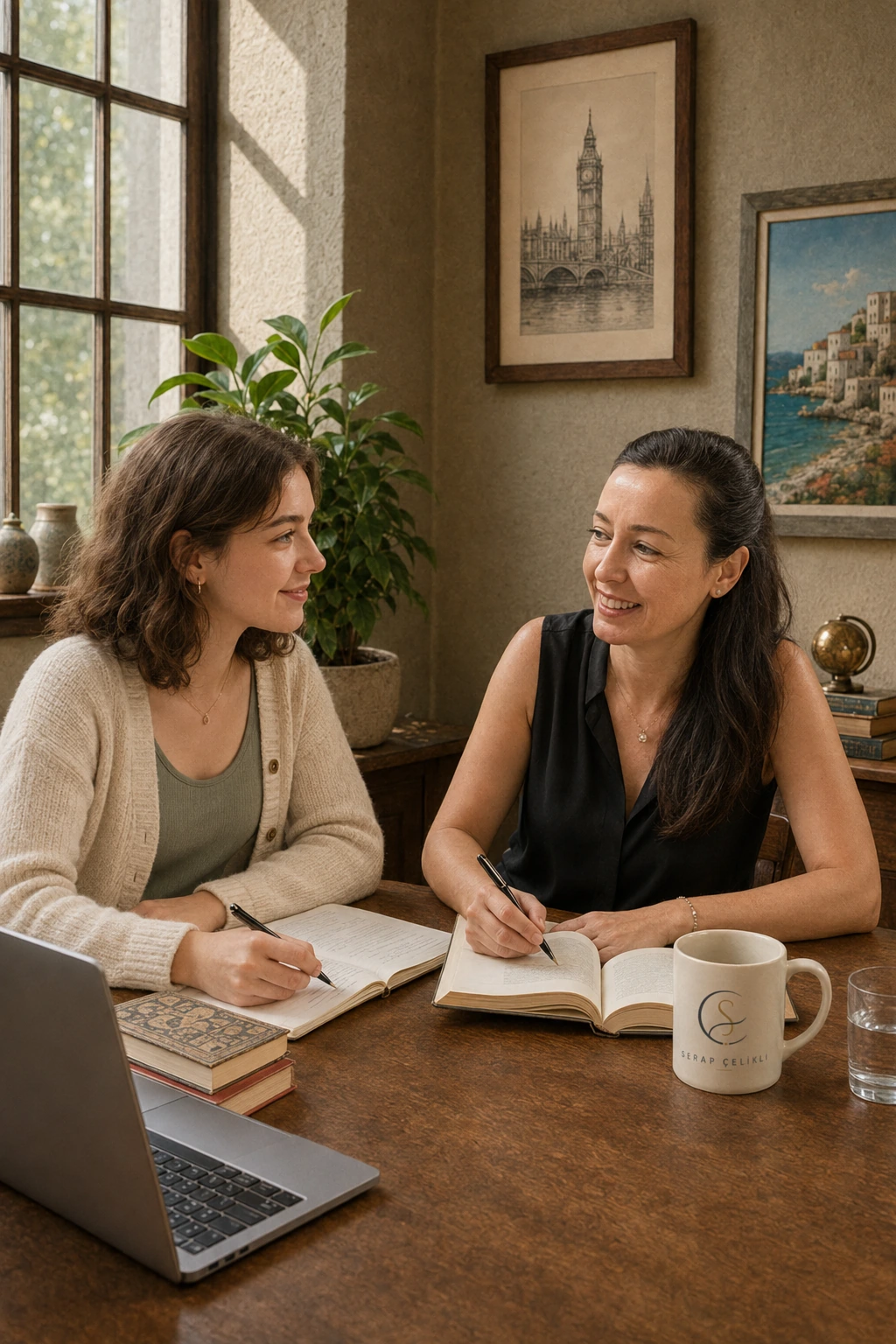 An illustrative coaching conversation between Serap Çelikli and a fictional university student in a warm, book-filled setting.